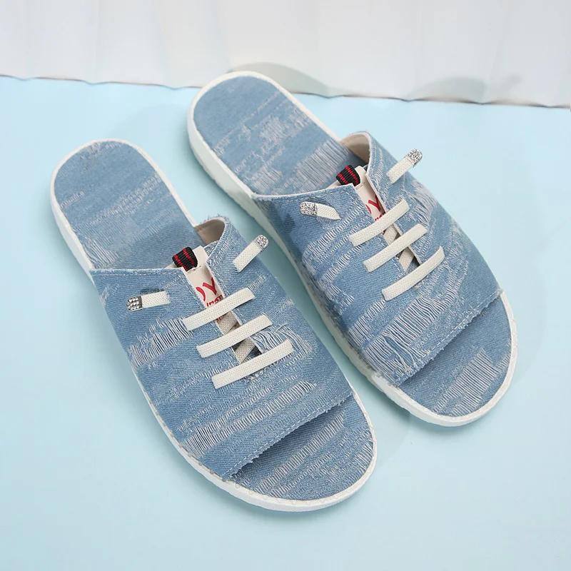 

Fashion Unisex Slides New Women Slippers Peep-toe Sandals Outdoor Casual Canvas Denim Slippers Flat Home Slippers Large Sizes 36-43 43