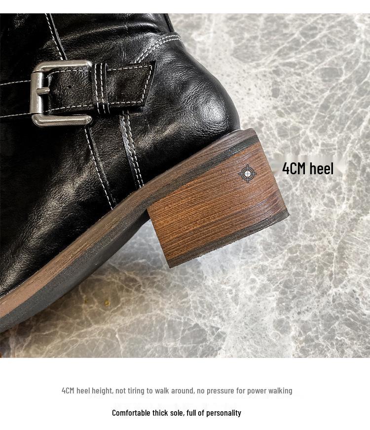 Maillard Retro Distressed Chunky Heel Ankle Boots, Women's Versatile Spring/Autumn Buckle Round Toe Thick Sole Knight Boots