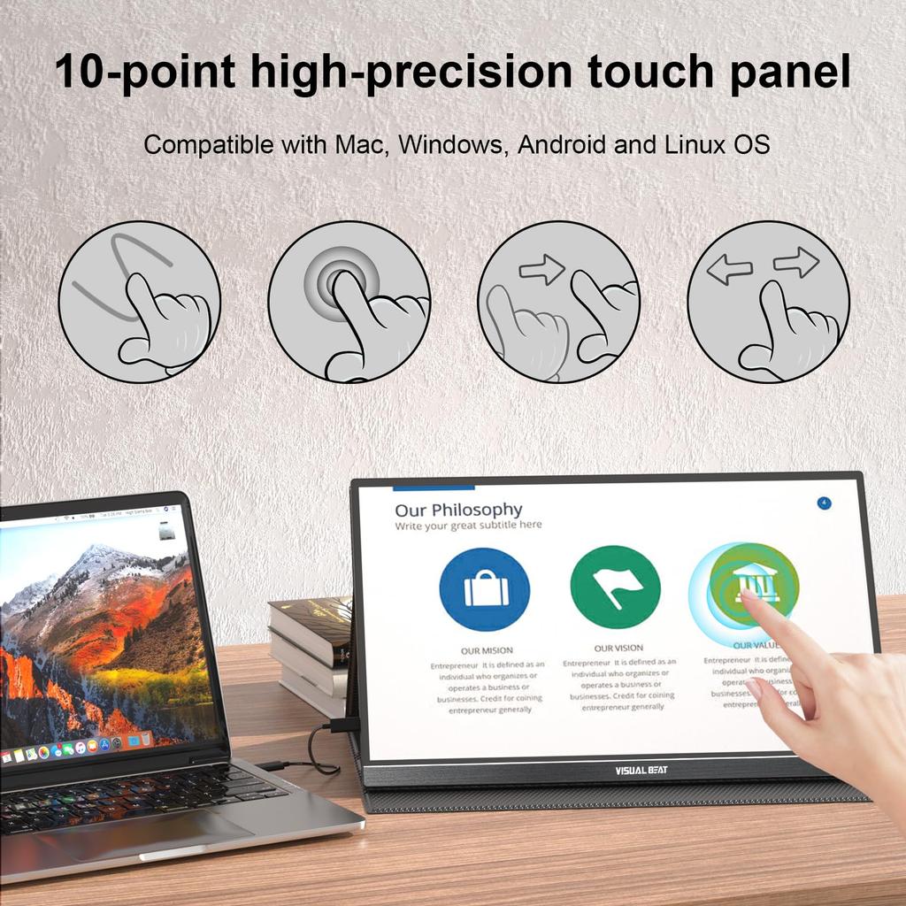 Visual Beat Mobile FHD Portable IPS LCD Standard USB Smart Dual Compatible with Monitor, Touchscreen, 15.6-inch 1080p, USB-C Monitor, Panel, HDMI,