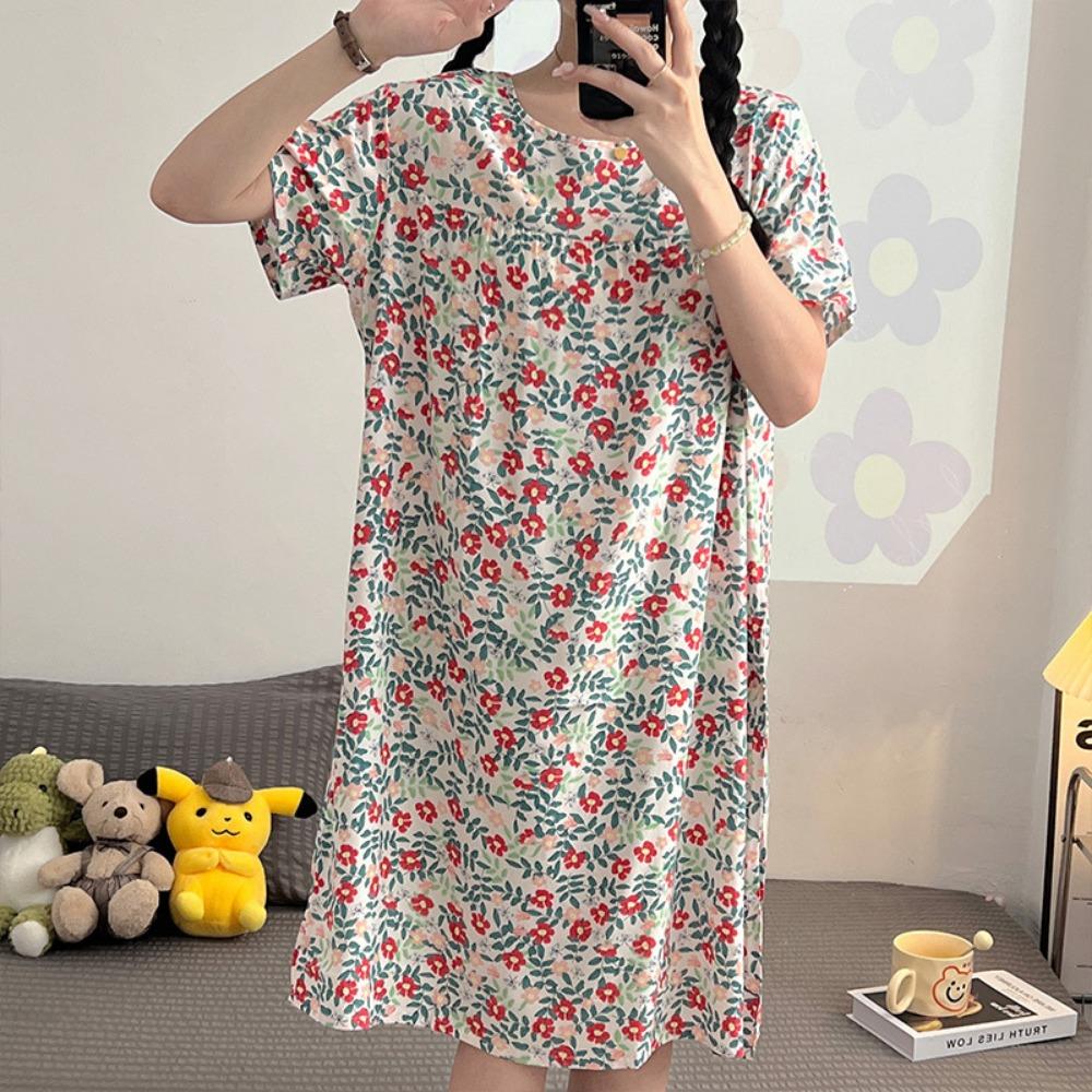 Cotton and Silk Nightgown Women's Spring, Summer and Autumn Casual Short-sleeved Large-size Printed Pajamas Summer Thin High-end Sensitive Cotton Whol