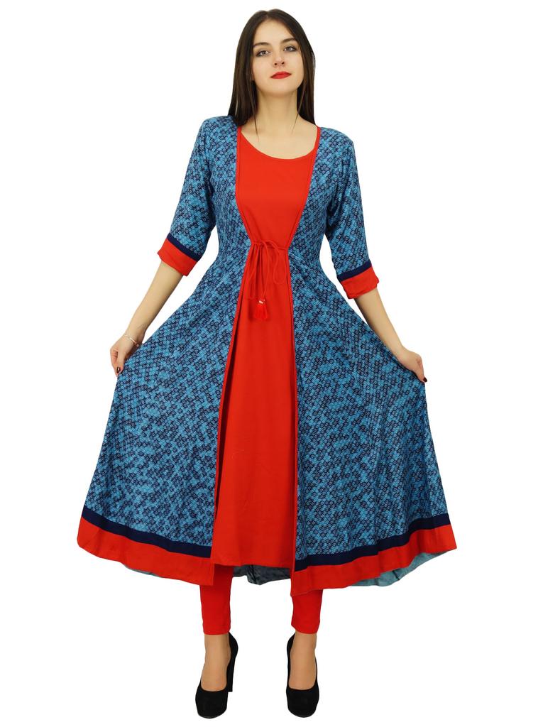 Bimba Womens Designer Flaired Kurta Dress Indian Clothing Printed Rayon Kurti Indian Custom