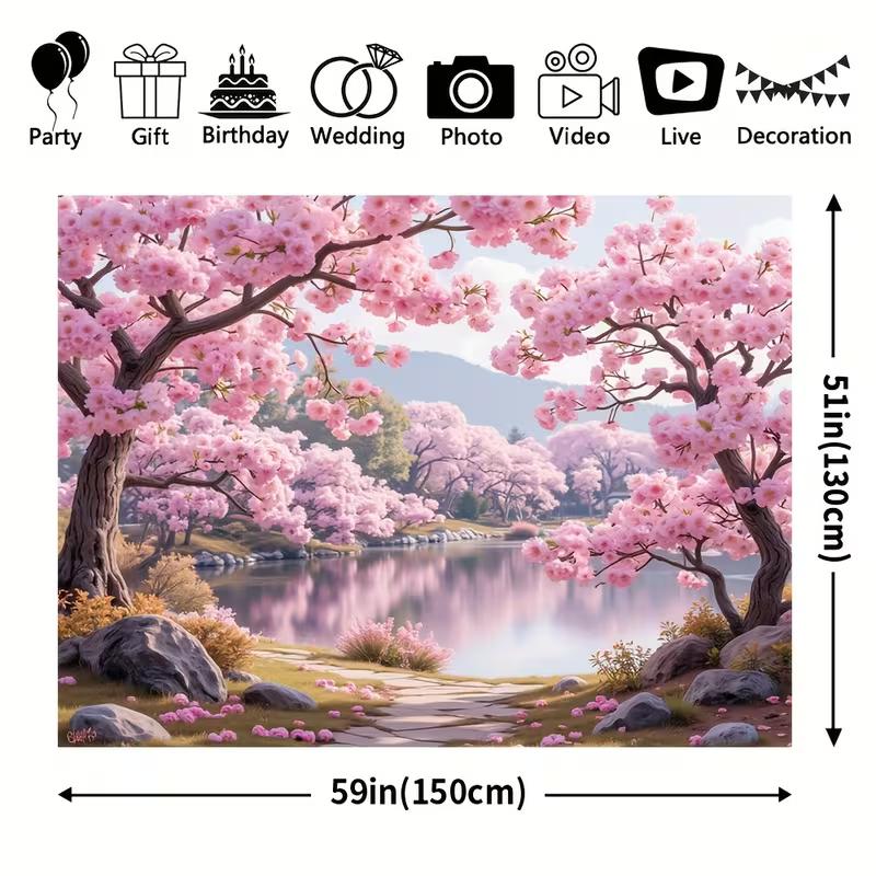 Tapisserie Lac aux Fleurs de Cerisier Style Asiatique 2D Arbre Sakura Rose Romantique Art Mural pour Décoration de Chambre Esthétique et Toile de Fond de Fête