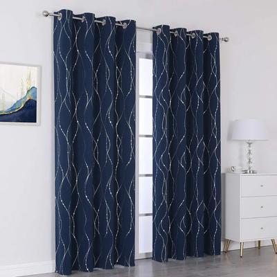 1Pc Blackout Curtains for Bedroom, Silver Curtains with Lines and Stars for Eid Ramadan, Living Room Drape for Grommet Top