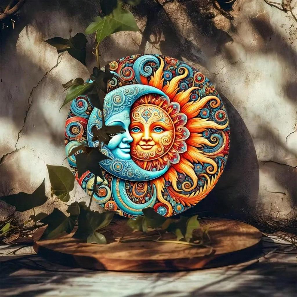 Vibrant Blue Gold Sun Moon Metal Wall Art Celestial Wood Decor
