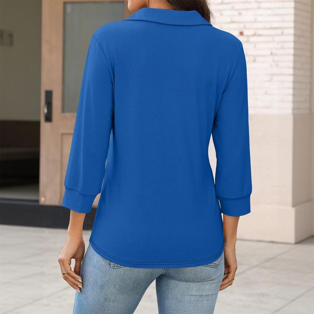 Women's Fashion Casual Lapel Short 3/4 Sleeve Color Shirt Women's Up Tops