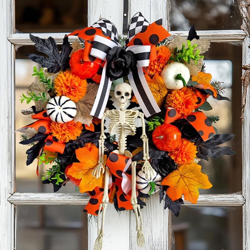 Realistic Faux Maple Leaf Pumpkins Skull Branch Wreath Durability Waterproof Halloween Autumn Home Outdoor Decors