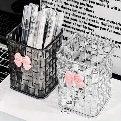 1 peça Organizador de Mesa Acrílico Transparente com Detalhe de Laço-Porta Canetas Durável e Cesto de Armazenamento para Materiais de Escritório, Canetas e Acessórios
