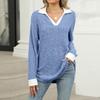 Women's Fashionable Lapel Long Sleeved Color Blocked Loose Casual Pullover Top