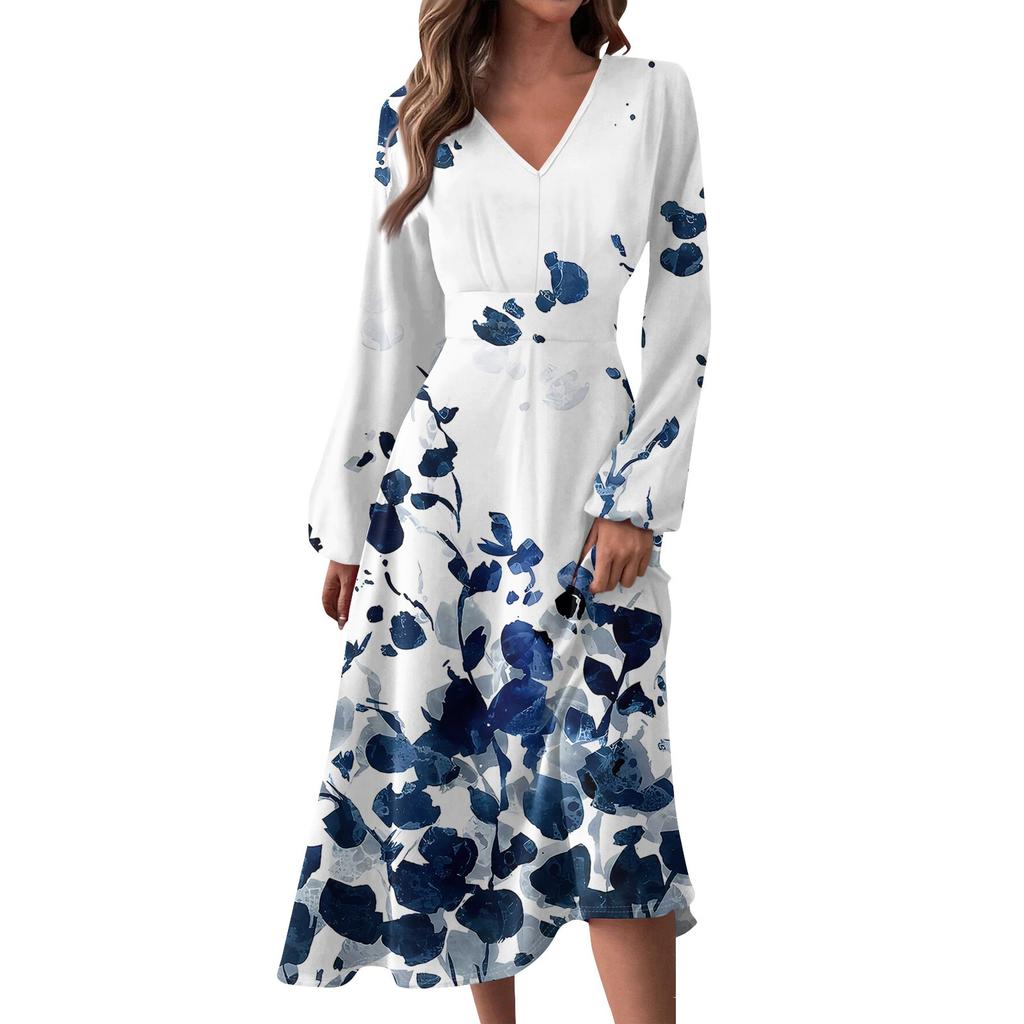 Women's And Winter Casual Fashion V-neck Long Sleeve Print Long Dress