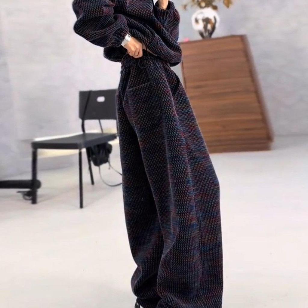 Plus Size Women's Color Block Hoodie & Wide Leg Pants Set for Spring/Autumn