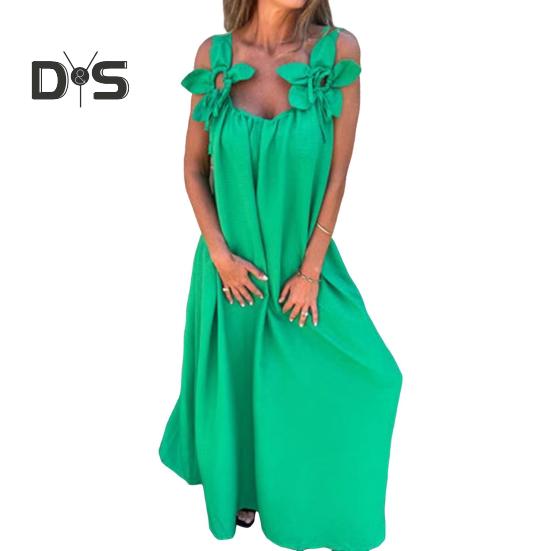 Damenkleid mit 3D-Rosendekor, Schultergurt, ärmellos, plissiertes Unterkleid, lockeres, einfarbiges, rückenfreies Maxikleid für Strandpartys und Verabredungen