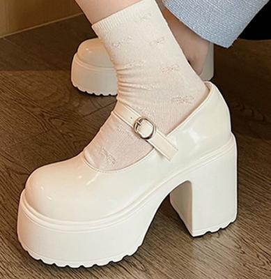 Chunky Platform High Heels Pumps Women 2025 Spring Pu Leather Ankle Buckle Mary Jane Shoes Woman Thick Heeled White Lolita Shoe