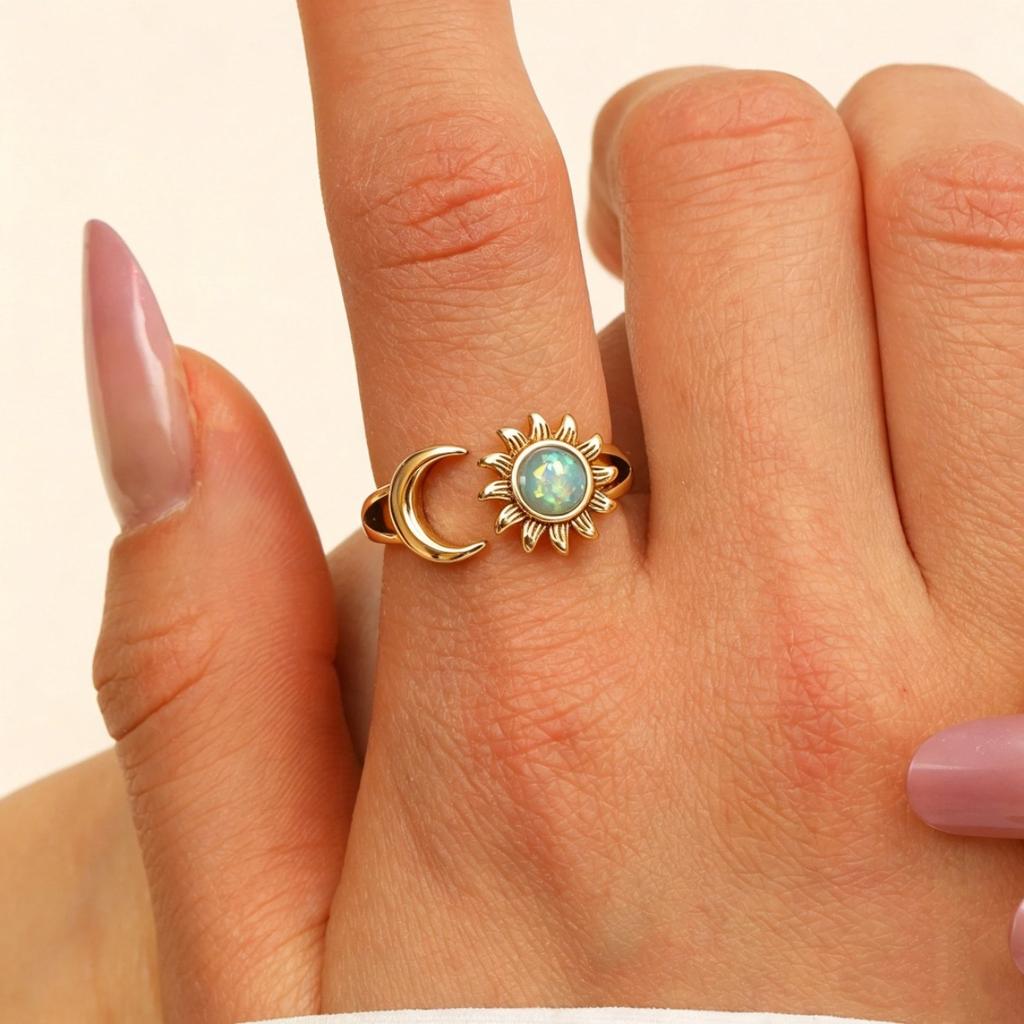 Sun and Moon Open Ring for Women Adjustable Sparkling Accent Celestial Statement Ring