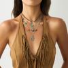 Ethnic Style Women Leaf Choker Woven Rope Leather Tassel Turquoise Stone Pendant Necklace Feather Retro Bohemian Necklaces
