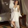Women's French Style Satin Deep V Push Up Padded Lace Sleep Dress with Robe Set