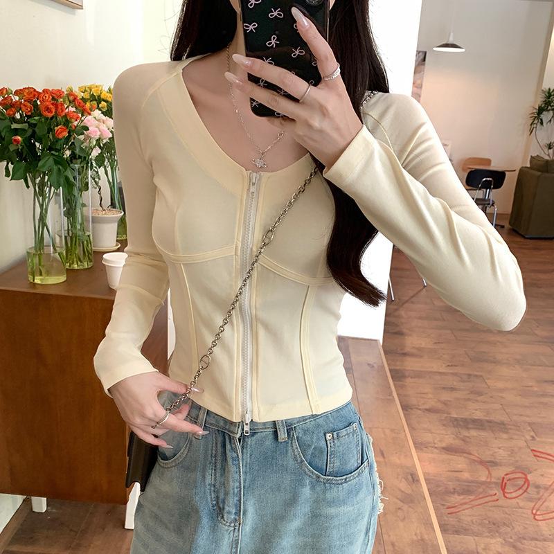 1 * 1 thread 210g, cotton 93% elastane 7% autumn and winter thin zipper V-neck slim fit solid color bottoming shirt top