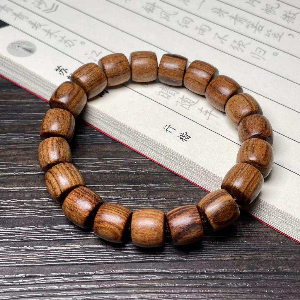 Ethnic Green Sandalwood Straight-Cut Barrel Bead Bracelet, Handmade Unisex Cultural Play Single Loop