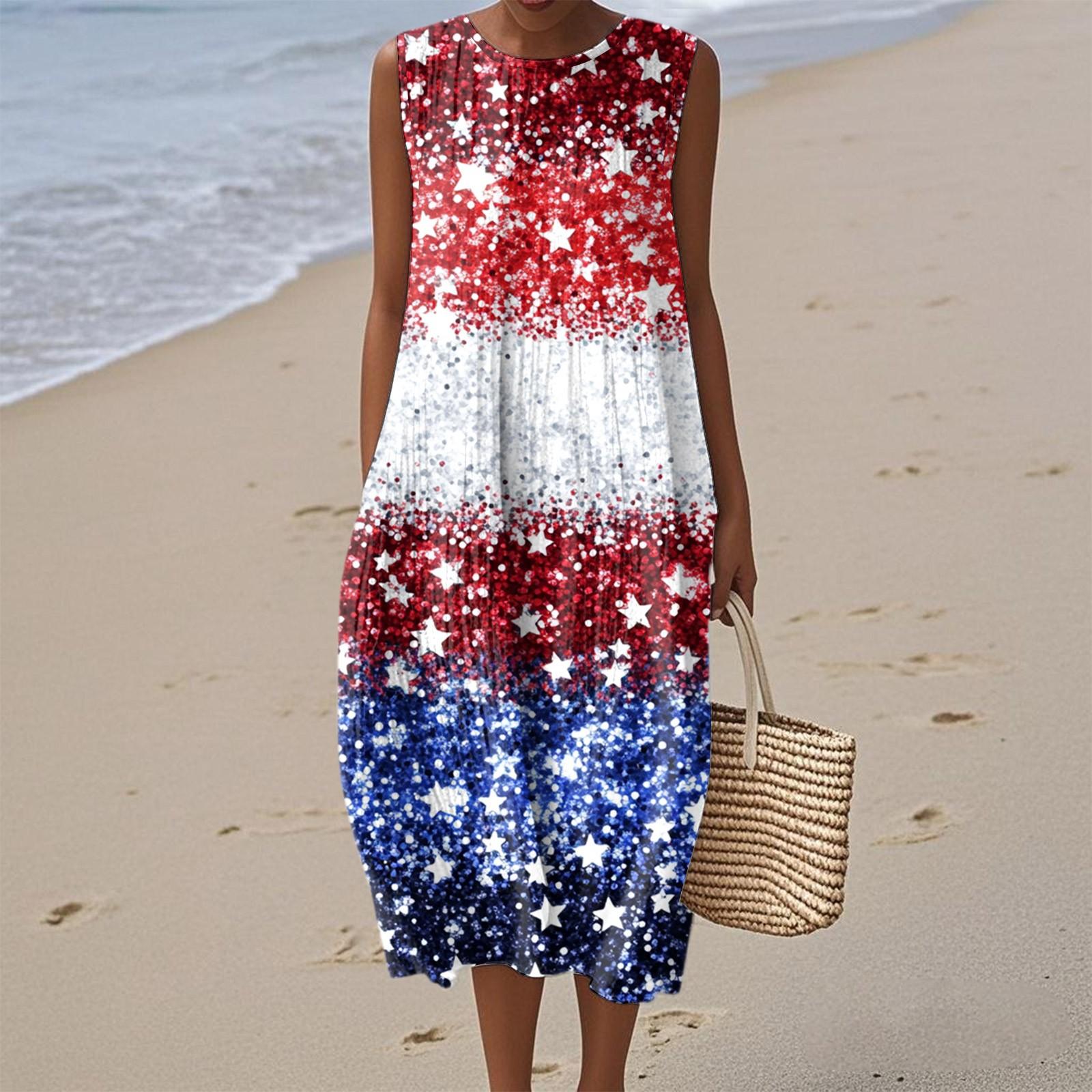 

Женское модное повседневное платье без рукавов с круглым вырезом и принтом ко Дню независимости, элегантное и сдержанное XL киноварь