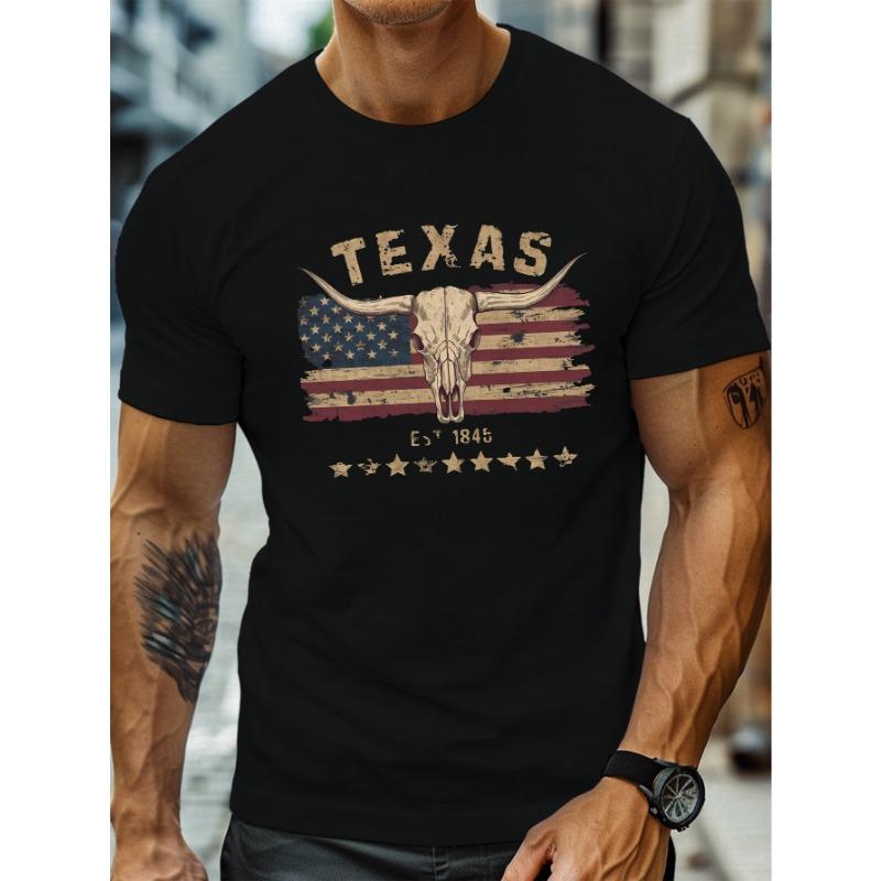 Men's Summer 100 Pure Cotton Fashionable Casual Loose Texas Longhorn Cow Skull Pattern Printed Round Neck Short Sleeved T-shirt