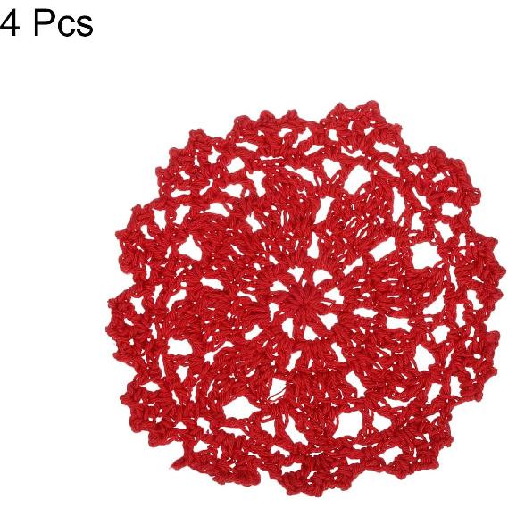 Uxcell Fabric Coasters, 4pcs 4" - Cotton Woven Crochet Doilies, Lace Embroidery Cup Mat with Floral Pattern for Wedding Party Decoration (Red)