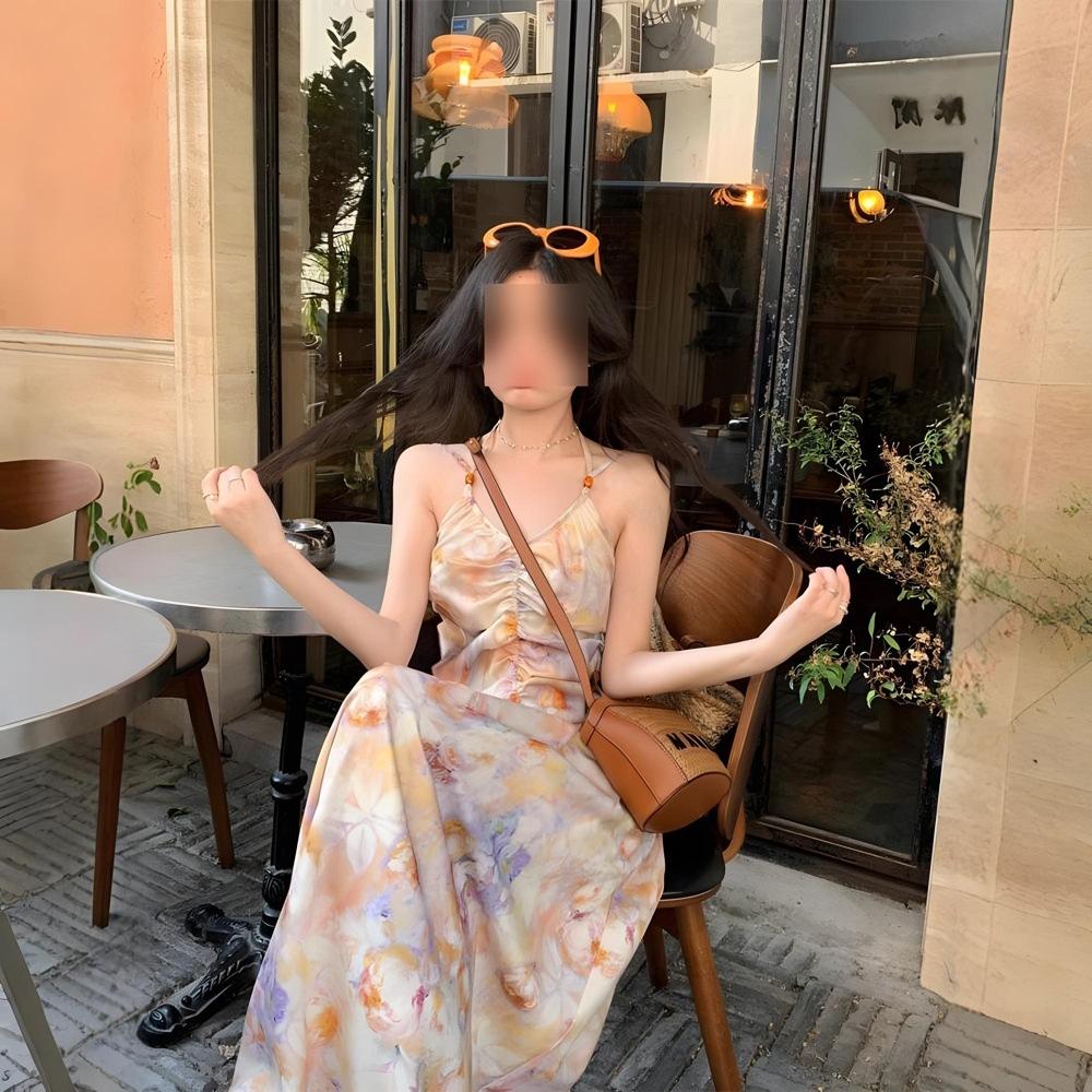 Retro Oil Painting Floral Neck Suspender Dress Women's Summer Vacation Style Temperament Backless Waist Long Dress