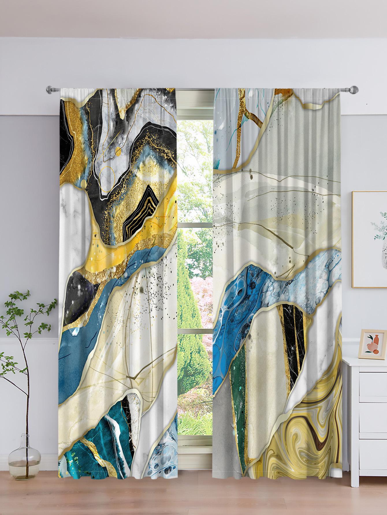 

3D Gold Black Marble Pattern Semi Shading Polyester Curtain for Bedroom Living Room Modern Decor 120W243H&Hook
