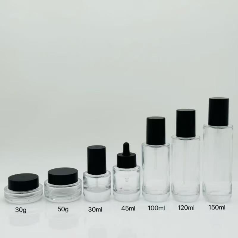 

Half-Size Toner & Face Cream Pump Bottles: 30ml-150ml Dropper Series 30g with pump and cap, transparent glass bottle