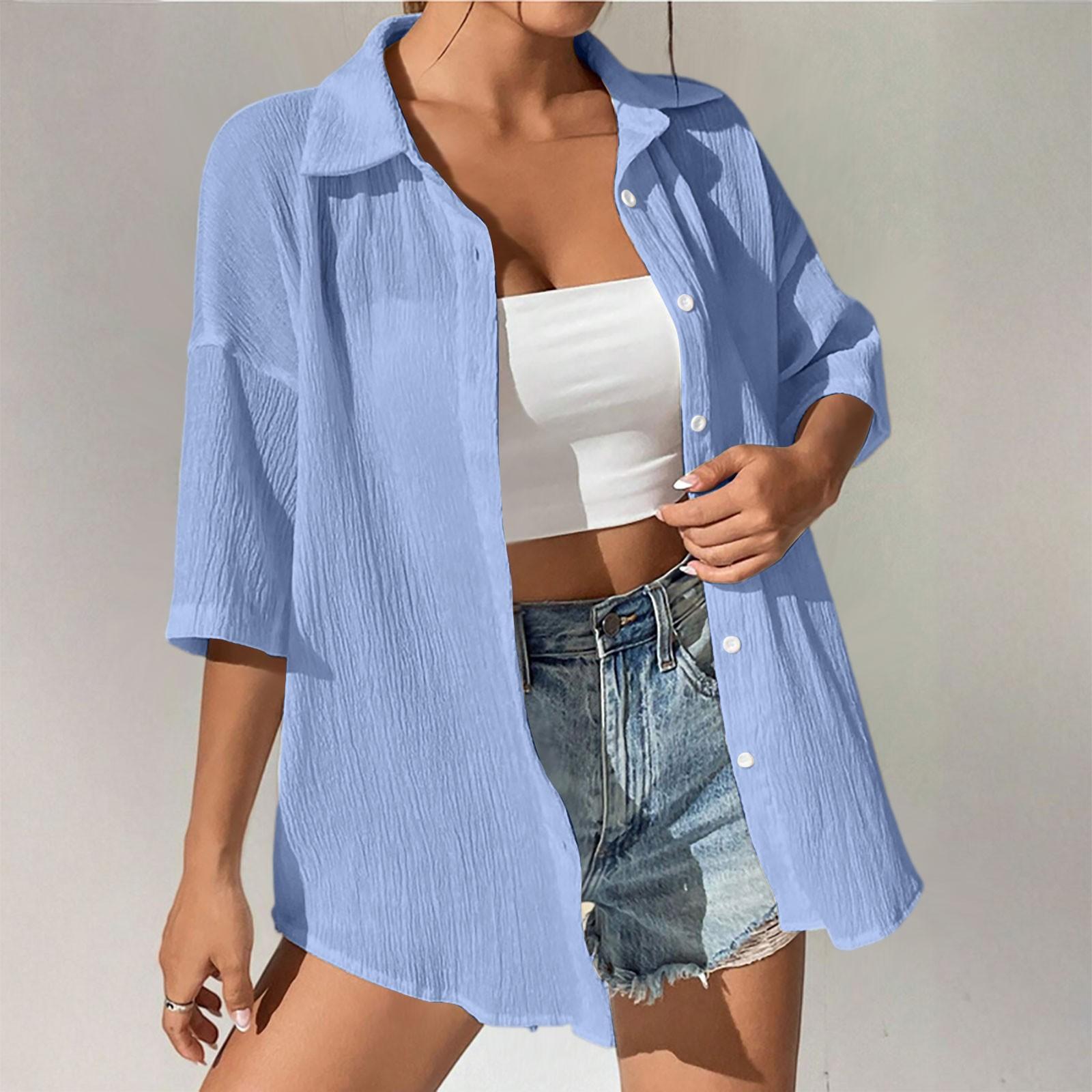 

Женская модная свободная рубашка с полурукавом однотонная повседневная защита от солнца XXL синий
