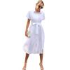 European and American Commuters' Young Polo Collar Single Breasted White Elastic Waistband Lace-up Split Short Sleeve Dress Women Dress