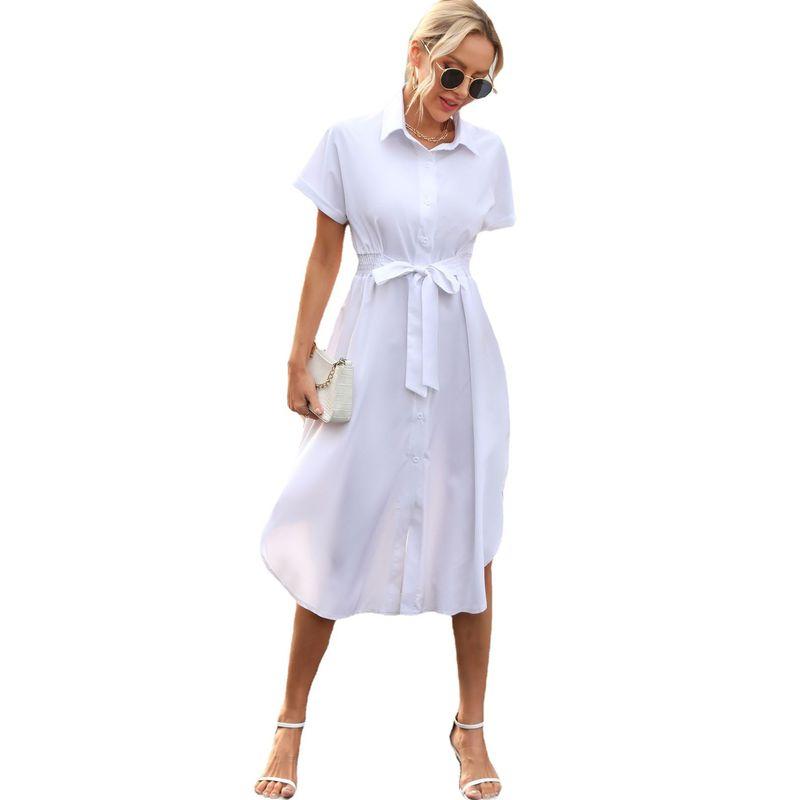 European and American Commuters' Young Polo Collar Single Breasted White Elastic Waistband Lace-up Split Short Sleeve Dress Women Dress