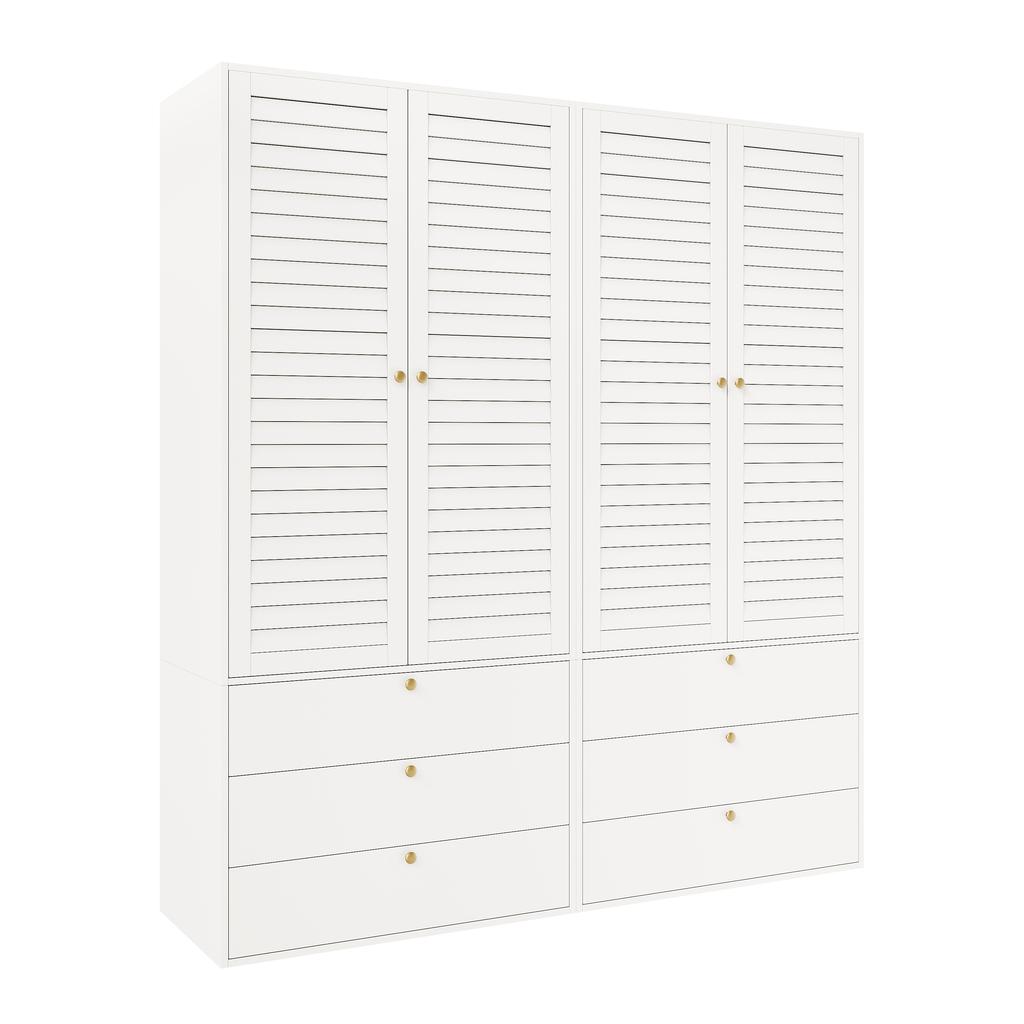 Kleiderschrank mit 4 Türen, elegante Lamellentüren, weiß, 180 x 50 x 200 cm, mit 2 Kleiderstangen, mit 6 Schubladen, geeignet für Schlafzimmer, Kinderzimmer