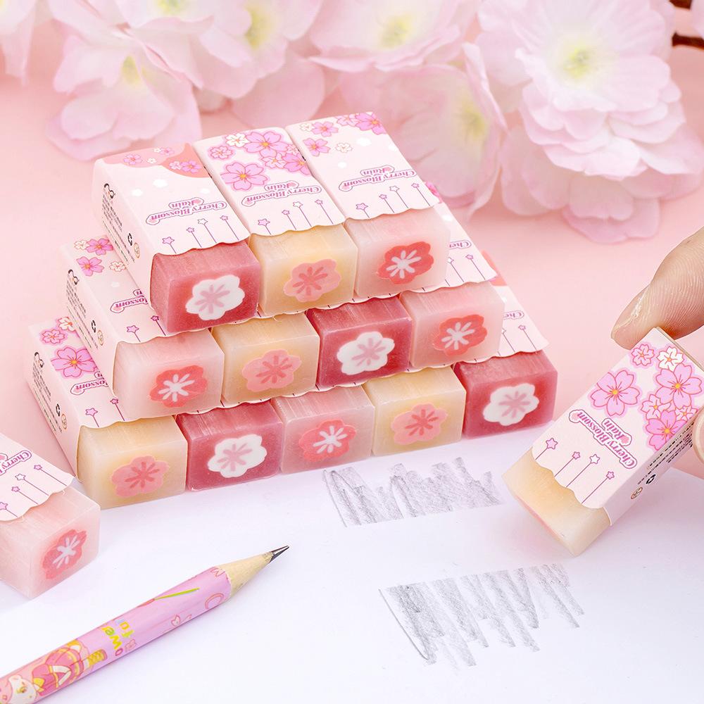 Pink Girly Cherry Blossom Erasers, Creative Low-Debris No-Residue Sandwich Erasers, Elementary Student Stationery Gift Erasers