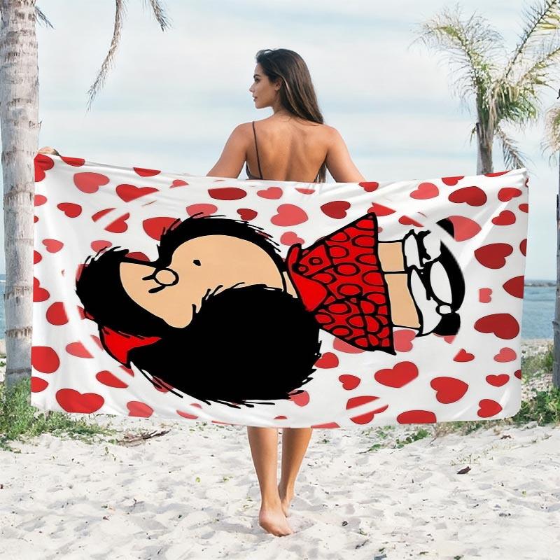 Red Heart Cartoon Girl Beach Towel Flat Print Large Sand Free Towel for Beach Holiday Travel Souvenir Gift Home Wall Decor