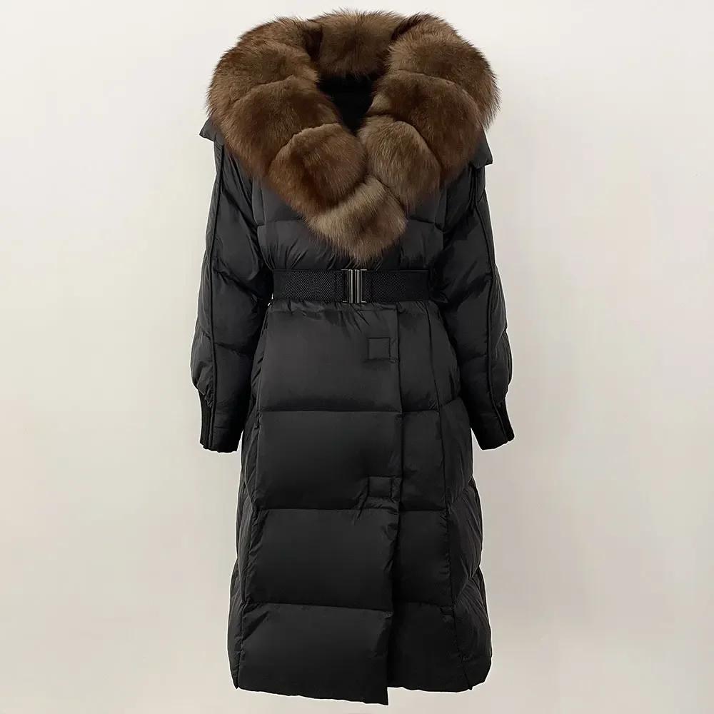 OFTBUY Winter Jacket Women Long Natural Real Raccoon Fox Fur Collar White Duck Down Coat Belt Thick Warm Casual Outerwear