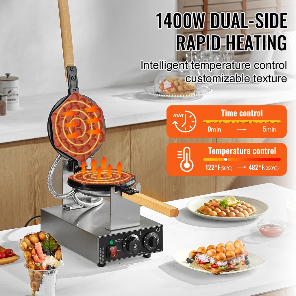 1400W 2 Teglie Commerciale Macchina per Waffle a Bolle d'Uovo Rotante & Manici in Legno Antiaderente Acciaio Inossidabile Bubble Puff con 180°
