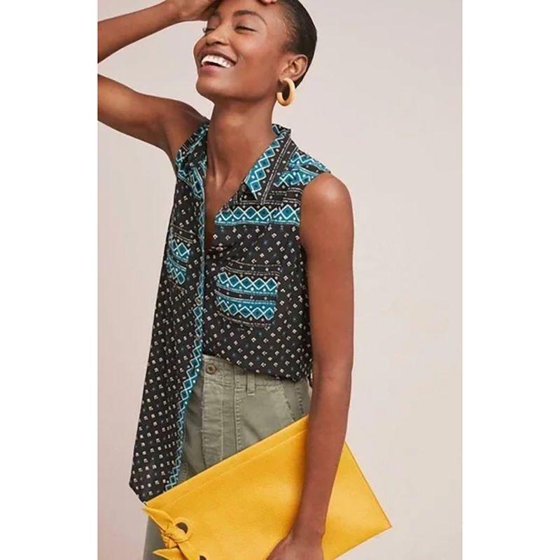 

Foreign Trade Original Order Anth Anjia IRA Print Shirt Vest Single Breasted Cardigan Geometric Pattern Tops Tee Black S