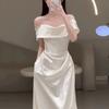 Elegant Satin One-Shoulder Engagement Dress Women's High-End Luxury Simple White Bridal Gown with Veil for Wedding And Party