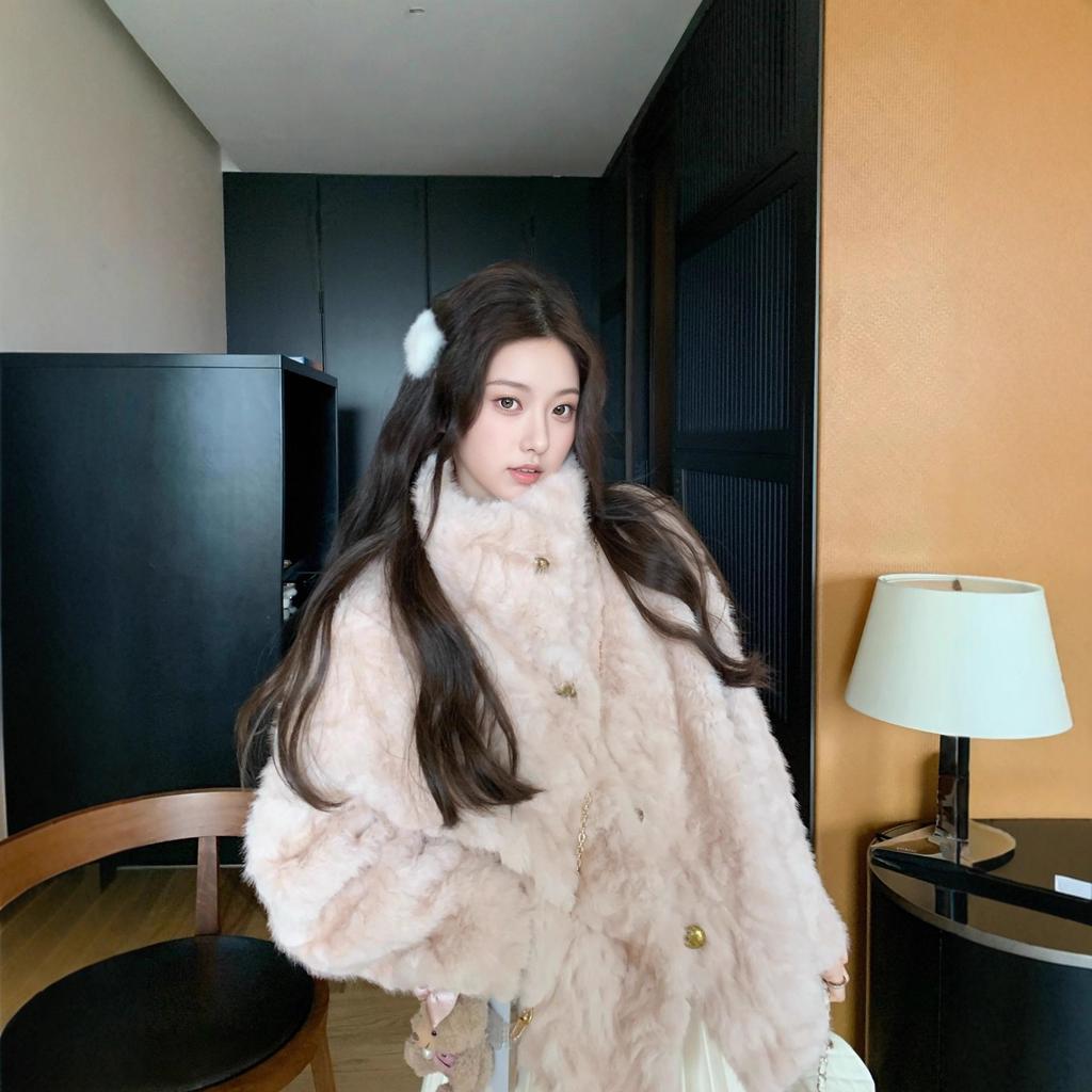 Winter stand-up collar lapel thickened fluffy environmentally friendly flower fox mink small short high-end fur integrated jacket women