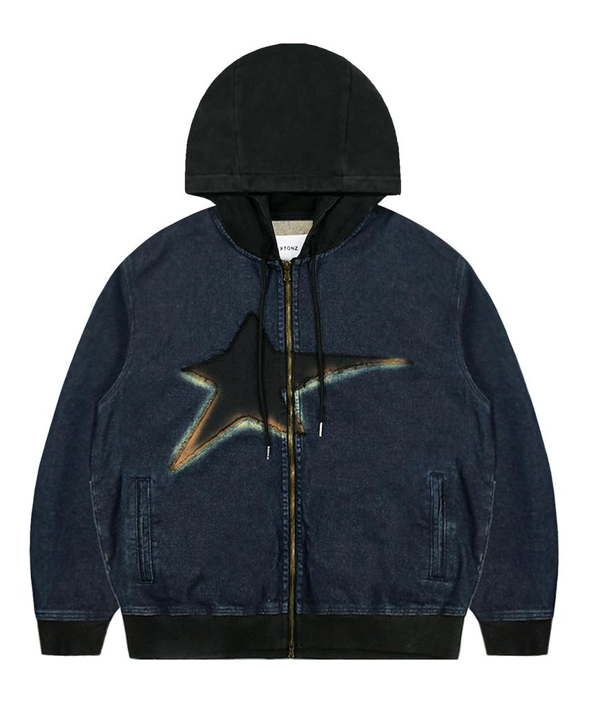 Xtonz Xtt061 Vintage Washed Star Denim Zip-Up Hoodie (Deep Blue)