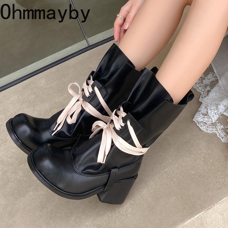 Autumn Winter Corss Strap Women Mid Calf Boots Fashion Slip On Square Heels Shoes Female Modern Trouser Legs Booties