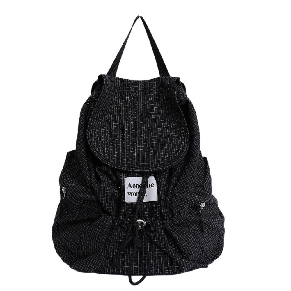 Karomuster Raffung Schultertaschen Koreanische Studenten Schultasche Trendige Rucksack mit Kordelzug Herren Damen
