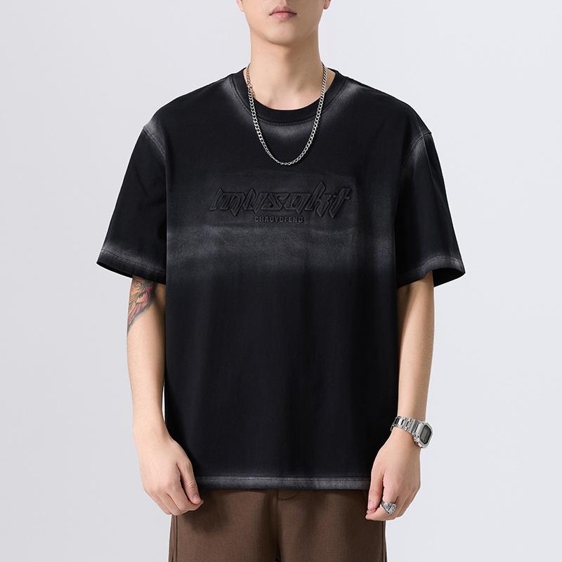 Heavy Wash Short-sleeved T-shirt for Men's Summer New Large-size Loose Embossed T-shirt Short Shirt