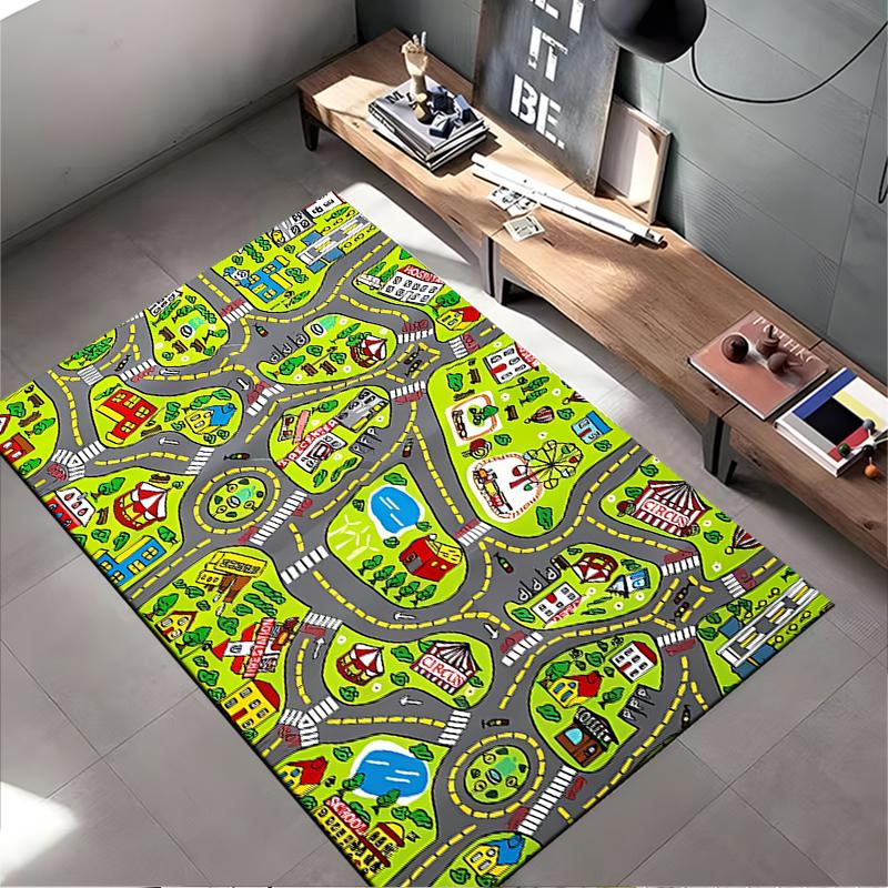 Colorful Cartoon City Road Map for Kids Playtime Non-slip Rug Suitable for Living Room and Bedroom Sofas