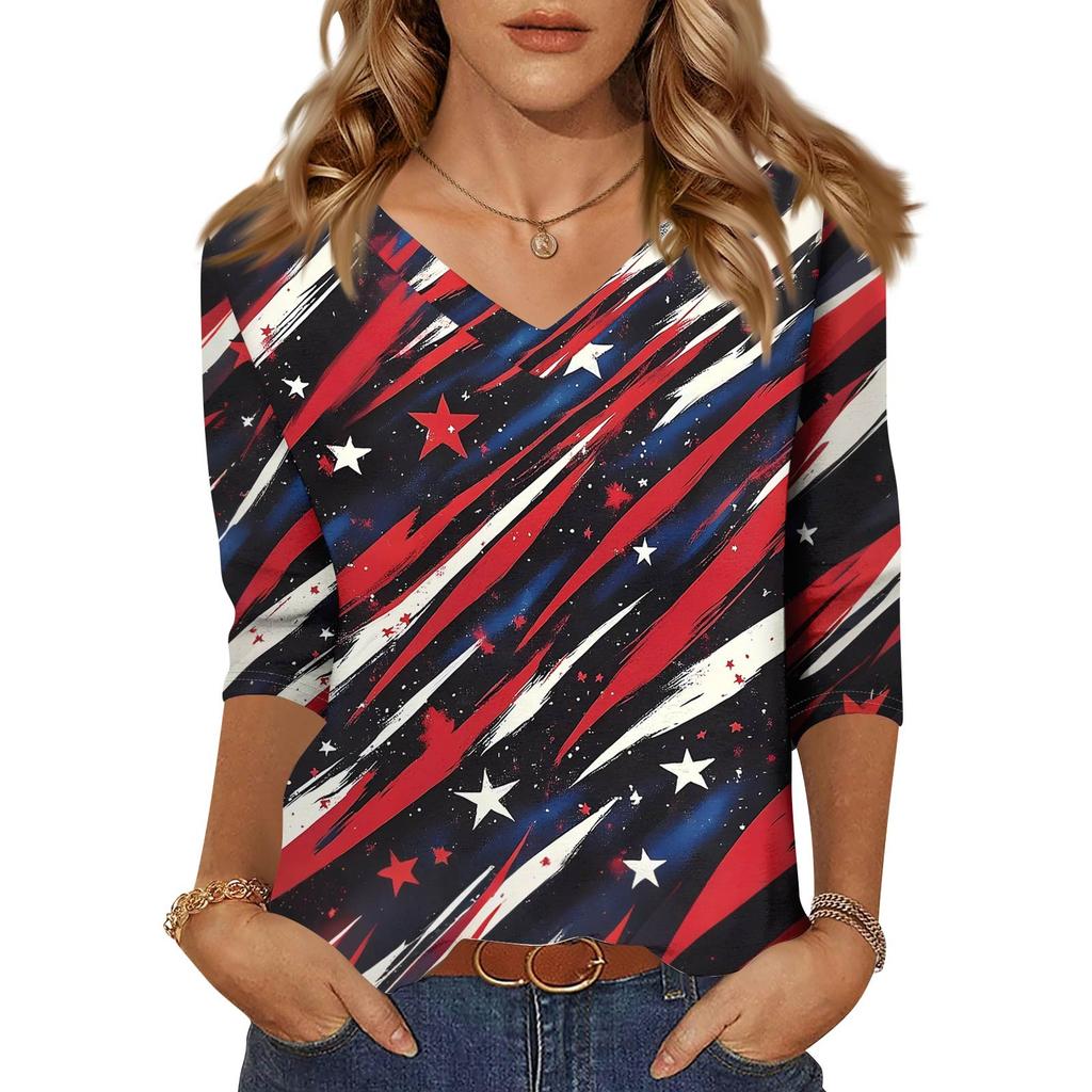 Women's Tops Three-quarter Sleeve Shirt V-neck Loose Casual Shirt Floral Print T-shirt