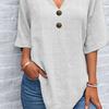 Top Estivi da Donna Scollo a V Manica a Tre Quarti Casual T-Shirt Tinta Unita Decorazione Bottoni Vestibilità Ampia Lunghezza Media Blusa
