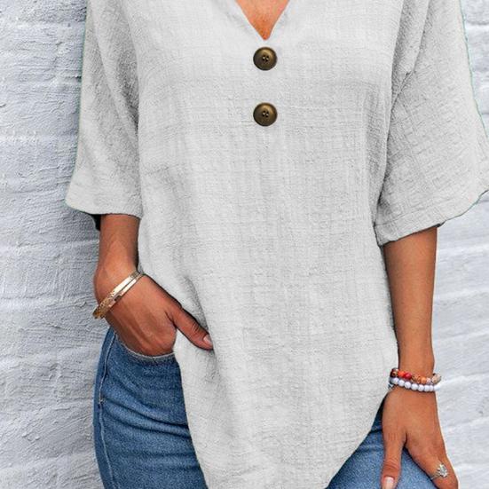 Top Estivi da Donna Scollo a V Manica a Tre Quarti Casual T-Shirt Tinta Unita Decorazione Bottoni Vestibilità Ampia Lunghezza Media Blusa