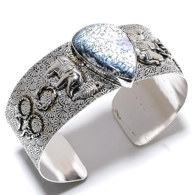 Natürlicher Dendriten Opal Edelstein 925 Sterling Silber Manschette Armreif verstellbar F1o29
