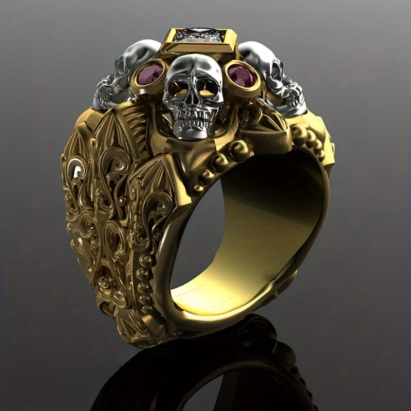 Punk Style Skull Ring for Men, Gothic Copper Alloy with Synthetic Red Cubic Zirconia, Fashionable Punk Skull Ring, Rock Hip Hop Trendy, Commemorative 6 золотистый