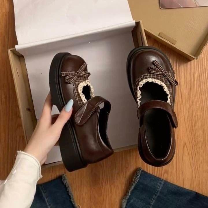 Small Man Increases Height Mary Jane Shoes Women'S Round Head Buckle Plaid Bow Lace Trim Thick Sole Wear