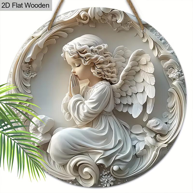 

Деревянная табличка в деревенском стиле с узором ангела - Очаровательная круглая табличка для входной двери, стены, подвесной декор для крыльца - Идеальное украшение для дома 20cm/7.87in белый